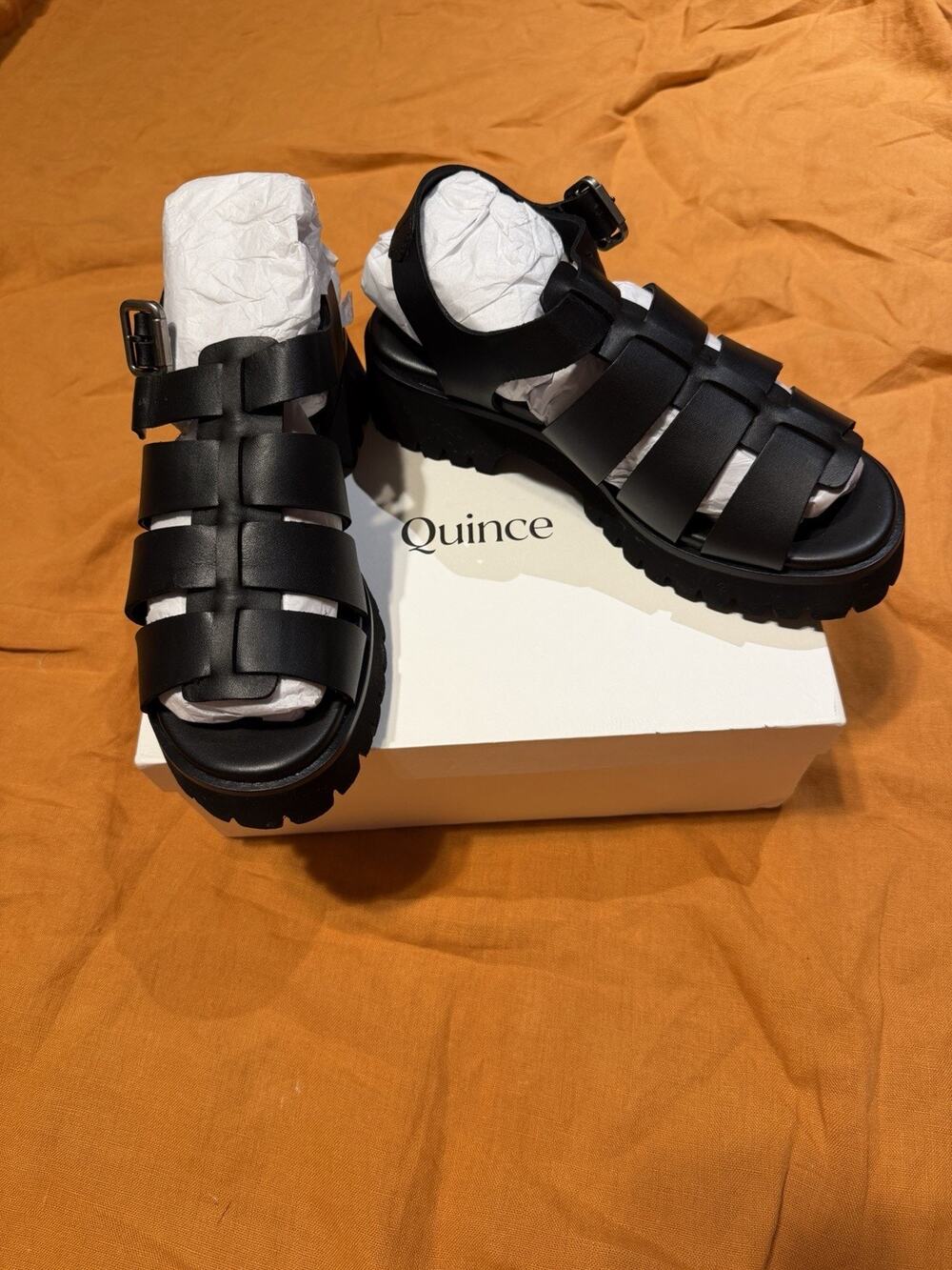 Quince Women’s Black Italian Leather Lug Sole Fisherman Sandal Size 7